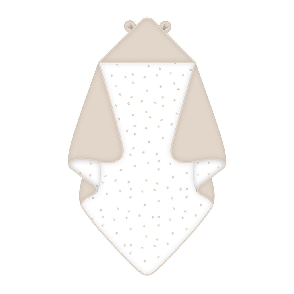 babybest Kapuzendecke ‘Little Bear’ 80 x 80 cm: beige Kapuze mit Bärenohren, weiße Seite mit beigen Sternchen