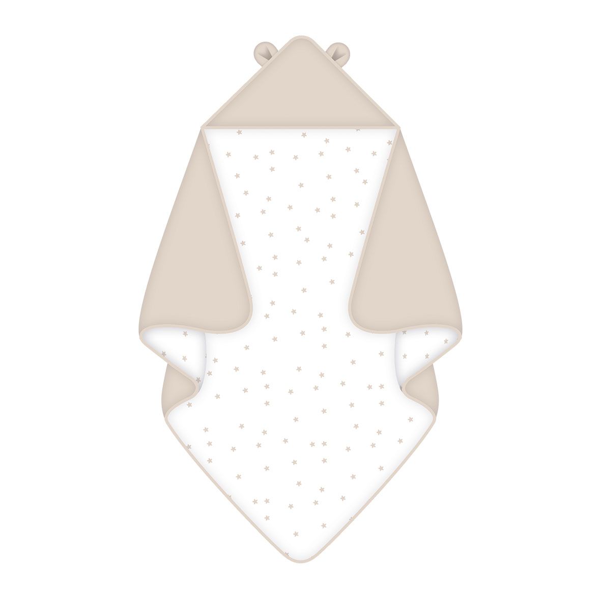babybest Kapuzendecke ‘Little Bear’ 80 x 80 cm: beige Kapuze mit Bärenohren, weiße Seite mit beigen Sternchen