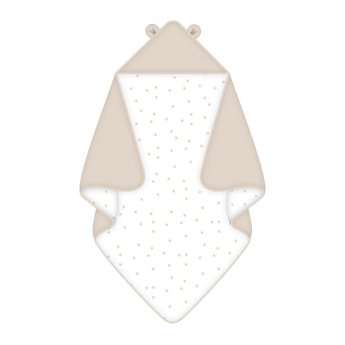 babybest Kapuzendecke ‘Little Bear’ 80 x 80 cm: beige Kapuze mit Bärenohren, weiße Seite mit beigen Sternchen