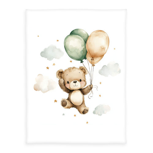 babybest Kuscheldecke ‘Ballon Teddy’ 75 x 100 cm: Teddy mit grünen und beigefarbenen Ballons zwischen Wolken auf Weiß
