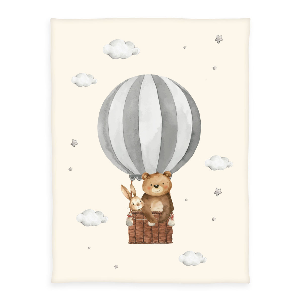 babybest Kuscheldecke ‘Ballonfahrt’ 75 x 100 cm: Bär und Hase im grau-weiß gestreiften Heißluftballon auf Creme