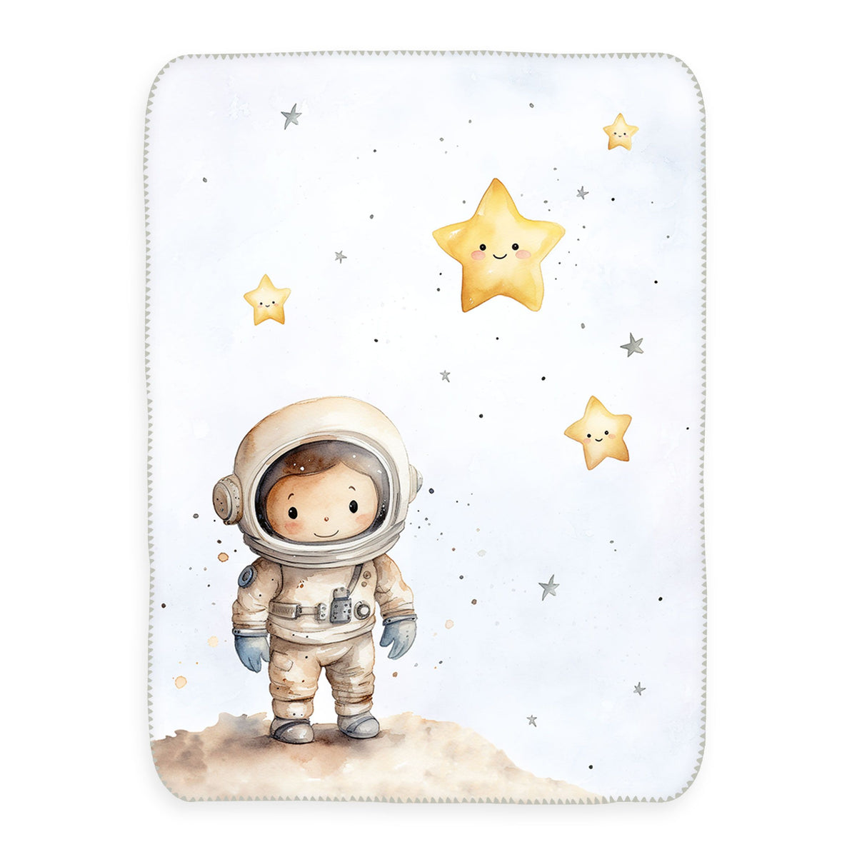 babybest Kuscheldecke ‘Kleiner Astronaut’ 75 x 100 cm: kleiner Astronaut auf einem Hügel unter lächelnden gelben Sternen