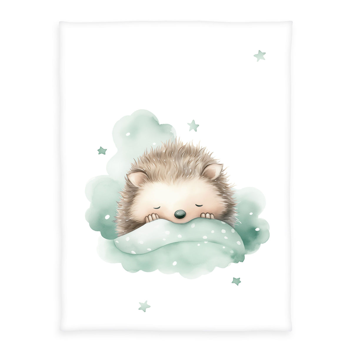 babybest Kuscheldecke ‘Kleiner Igel’ 75 x 100 cm: schlafender Igel in einer mintgrünen Wolke mit Sternen auf Weiß