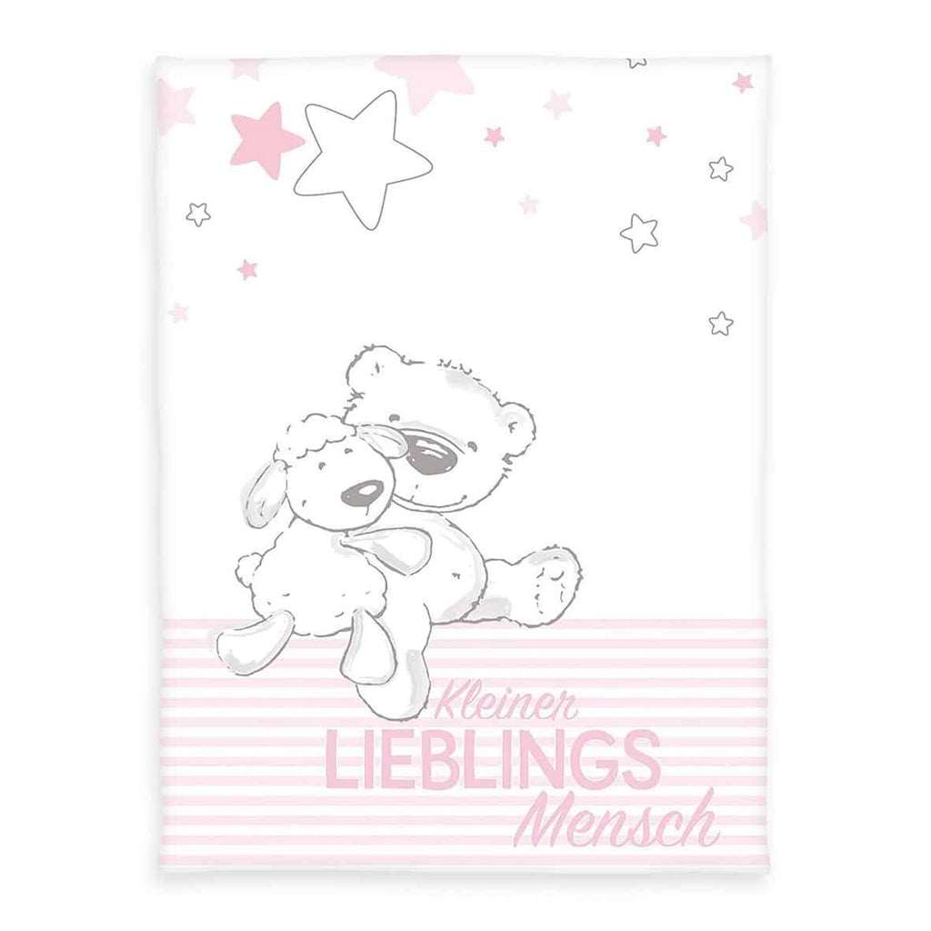 Kuscheldecke ‘Kleiner Lieblingsmensch’ in Rosa 75 x 100 cm: Teddy mit Schäfchen unter rosa Sternen, Schriftzug auf rosa Streifen
