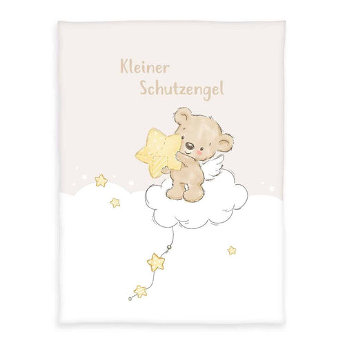 babybest Kuscheldecke ‘Kleiner Schutzengel’ 75 x 100 cm: Teddy mit Engelsflügeln und gelbem Stern auf einer Wolke, Beige und Weiß
