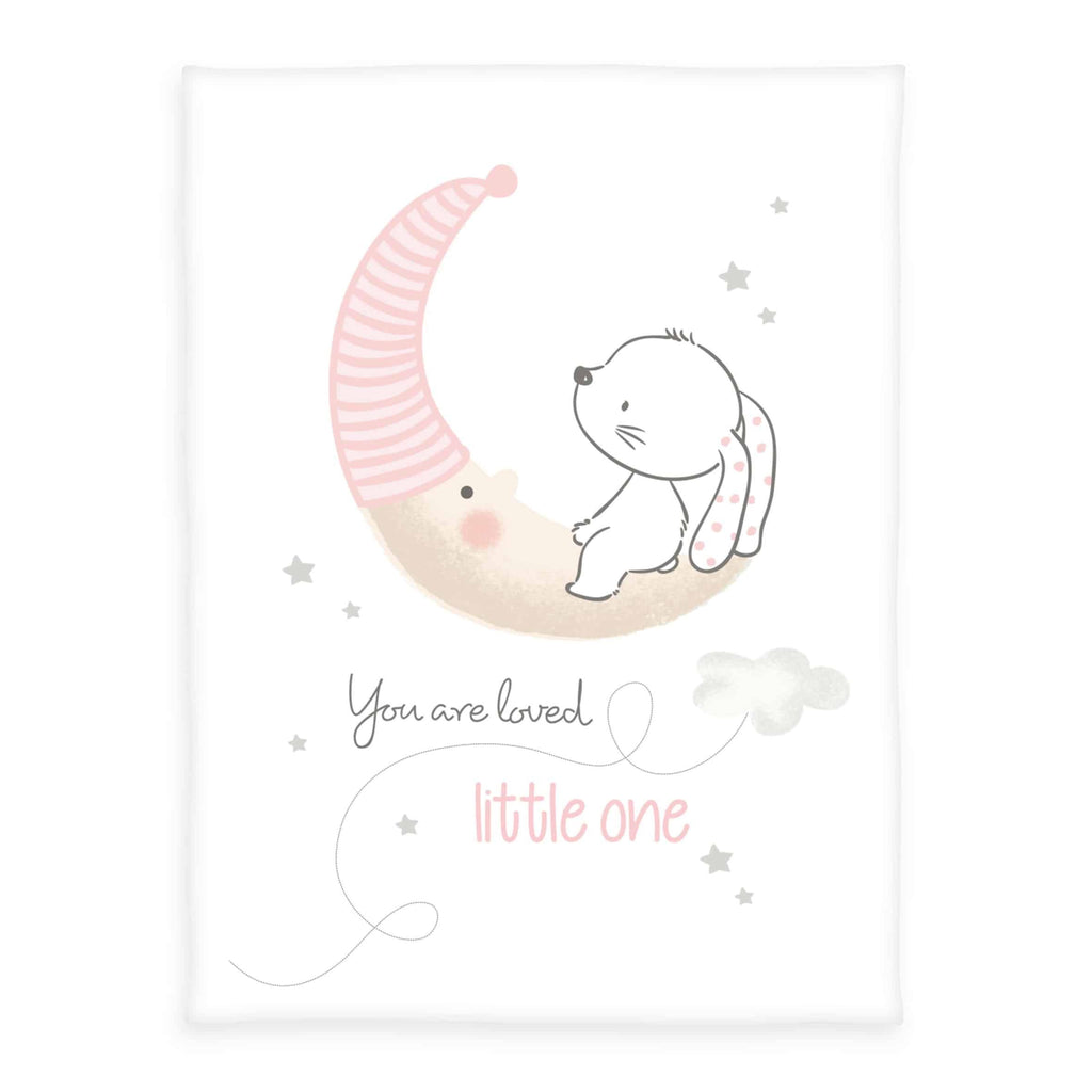 babybest Kuscheldecke ‘Little Bunny’: Hase auf der Mondsichel mit Schriftzug You are loved little one auf Weiß