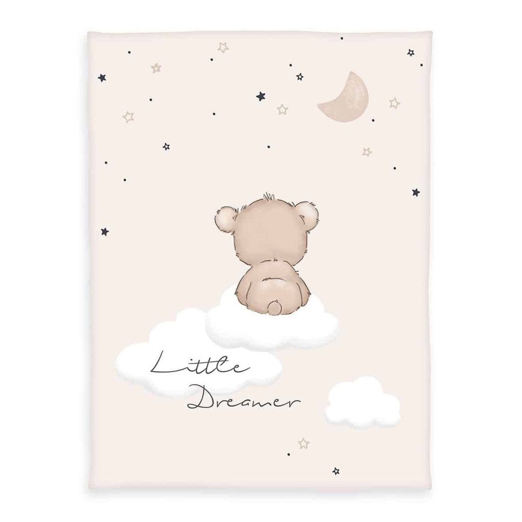 babybest Kuscheldecke ‘Little Dreamer’ 75 x 100 cm: Teddy auf der Wolke unter Mond und Sternen auf zartem Beige