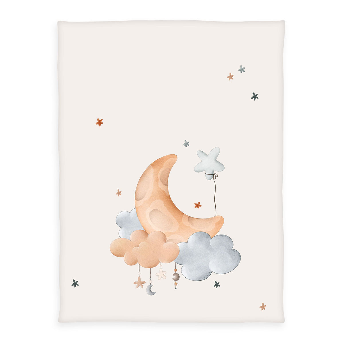 babybest Kuscheldecke ‘Moon and Stars’ 75 x 100 cm: Mondsichel auf Wolken in Apricot und Hellblau mit kleinen Sternen