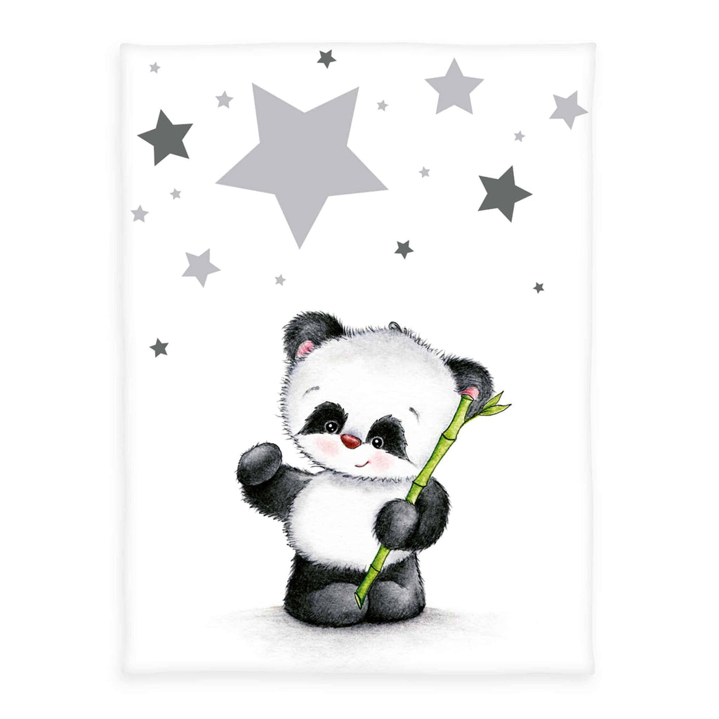 babybest Kuscheldecke ‘Panda’ 75 x 100 cm: Panda mit Bambus unter grauen Sternen auf Weiß