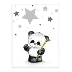 babybest Kuscheldecke ‘Panda’ 75 x 100 cm: Panda mit Bambus unter grauen Sternen auf Weiß