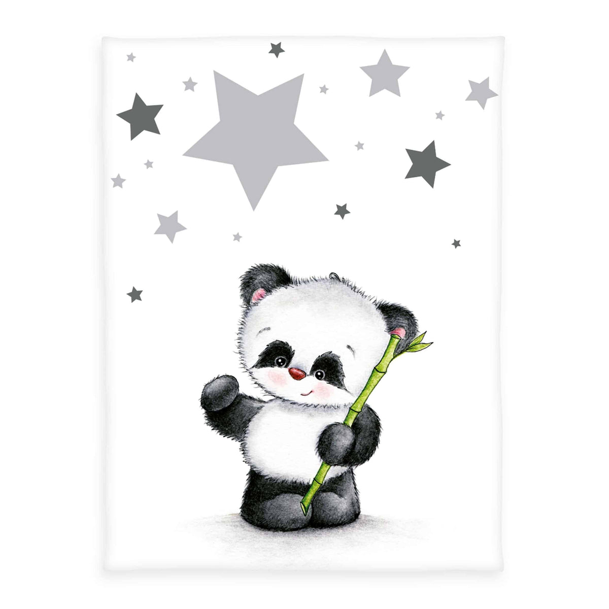 babybest Kuscheldecke ‘Panda’ 75 x 100 cm: Panda mit Bambus unter grauen Sternen auf Weiß