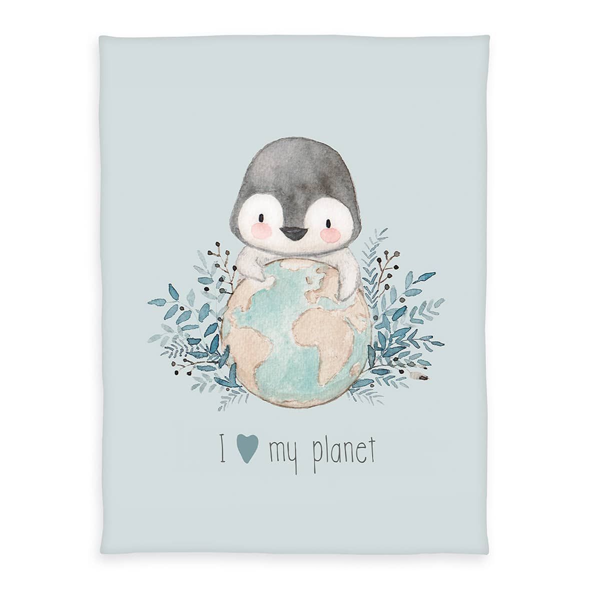 babybest Kuscheldecke ‘Pinguin’: Pinguin umarmt eine Weltkugel mit Zweigen, Schriftzug I love my planet auf Hellblau