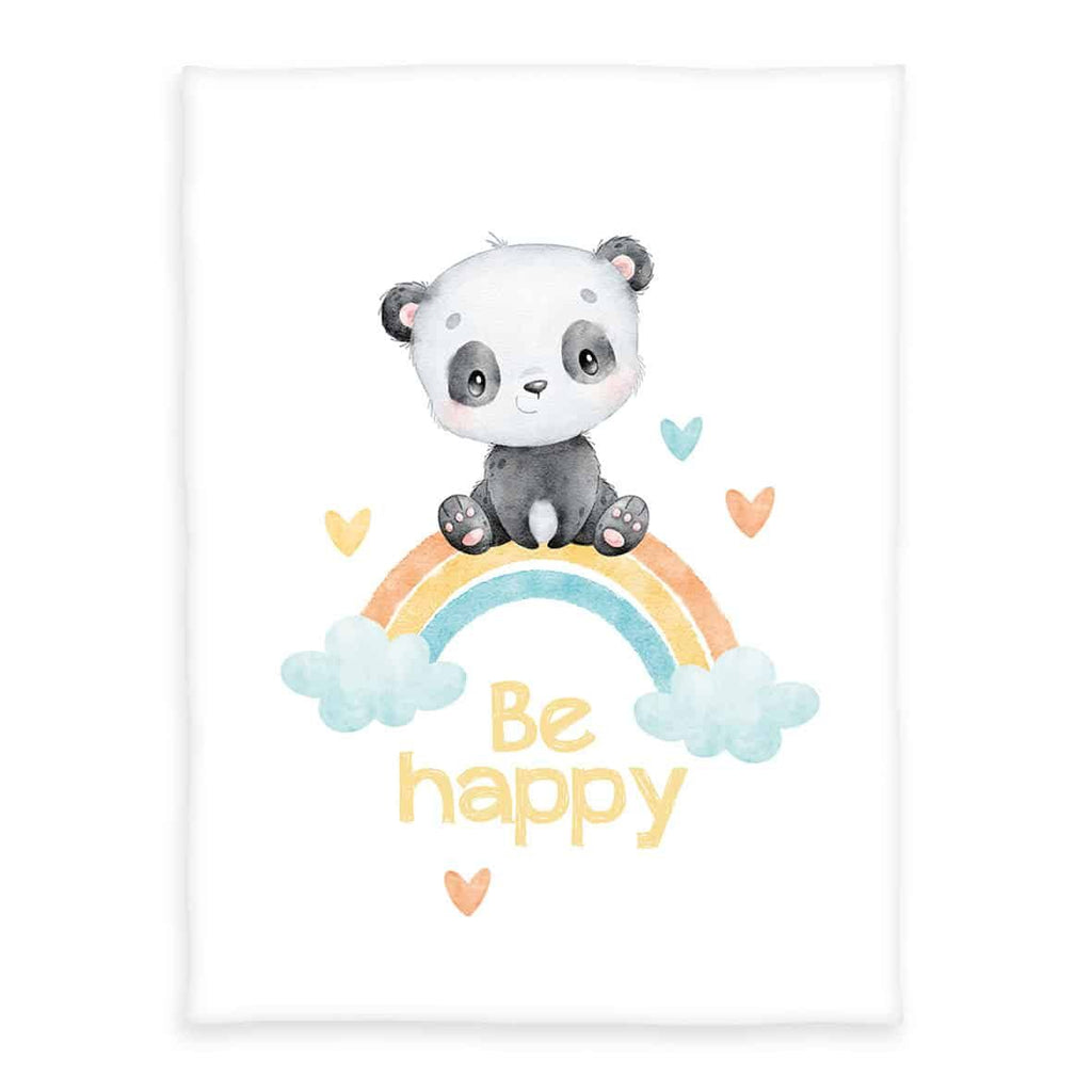 babybest Kuscheldecke ‘Regenbogen Panda’: Panda auf dem Regenbogen mit Schriftzug Be happy und Herzen auf Weiß
