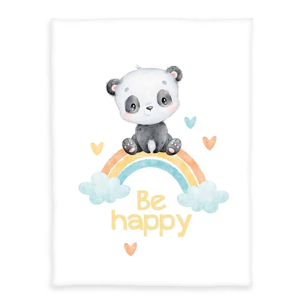 babybest Kuscheldecke ‘Regenbogen Panda’: Panda auf dem Regenbogen mit Schriftzug Be happy und Herzen auf Weiß