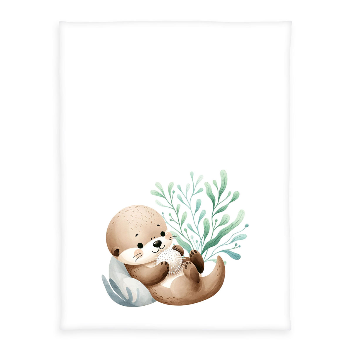 babybest Kuscheldecke ‘Schnuffel-Otter’ 75 x 100 cm: kleiner Otter mit weißer Kugel vor Seegras auf Weiß