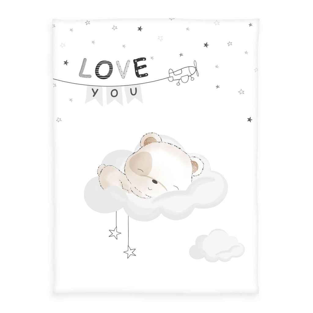 babybest Kuscheldecke ‘Sleeping little Bear’ 75 x 100 cm: Bär schläft auf der Wolke, darüber „LOVE YOU“ und graue Sterne
