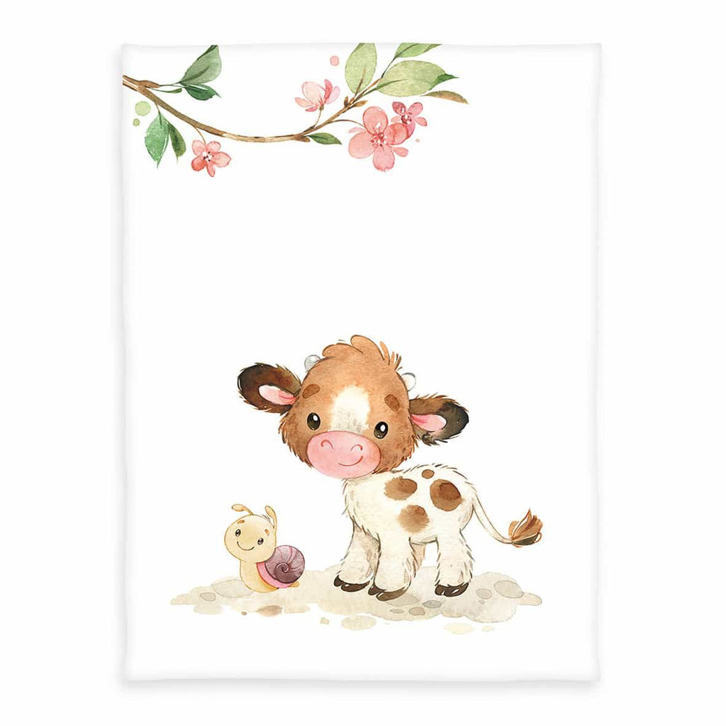 babybest Kuscheldecke ‘Süßes Kälbchen’: Aquarell-Kälbchen mit Schnecke und Blütenzweig auf Weiß