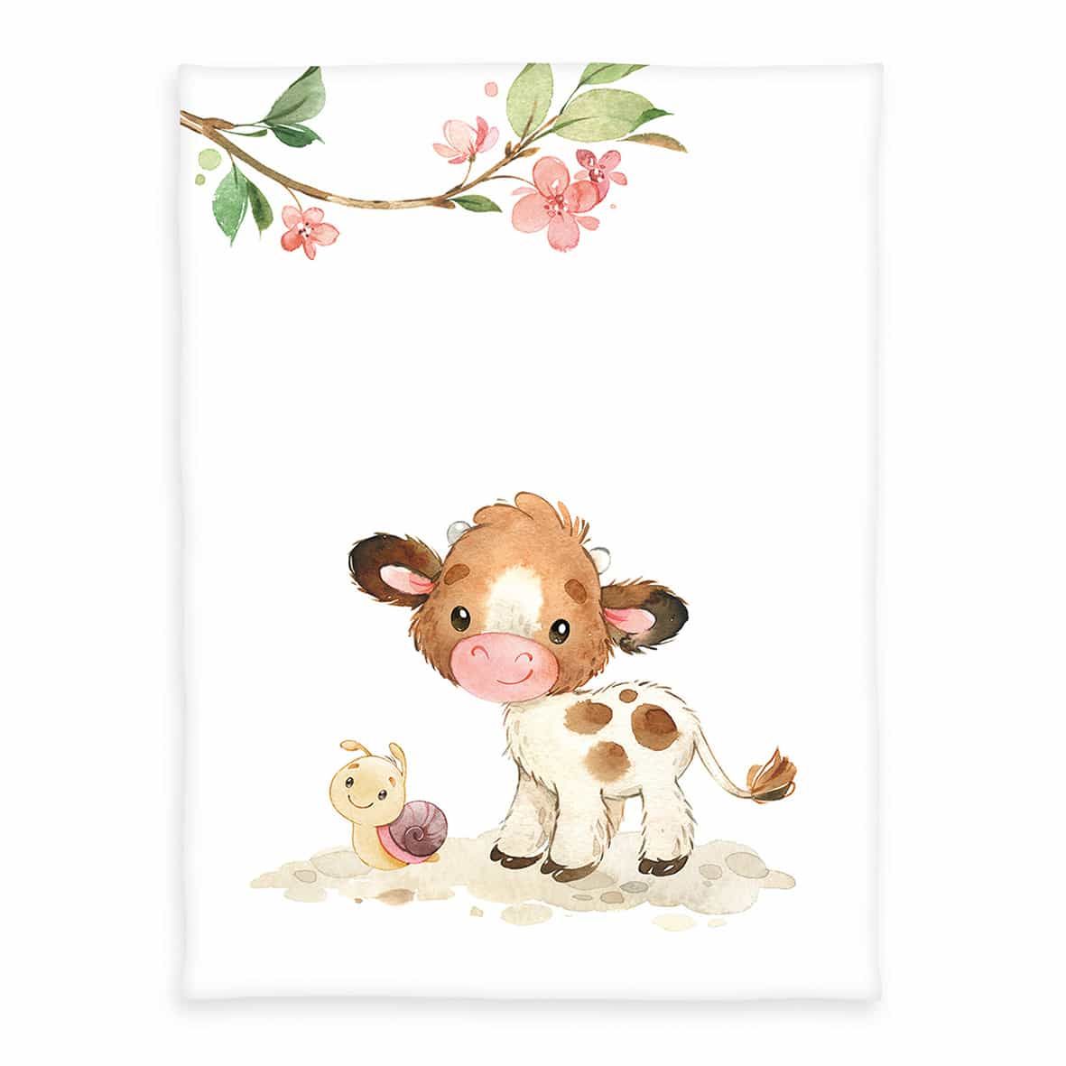 babybest Kuscheldecke ‘Süßes Kälbchen’: Aquarell-Kälbchen mit Schnecke und Blütenzweig auf Weiß