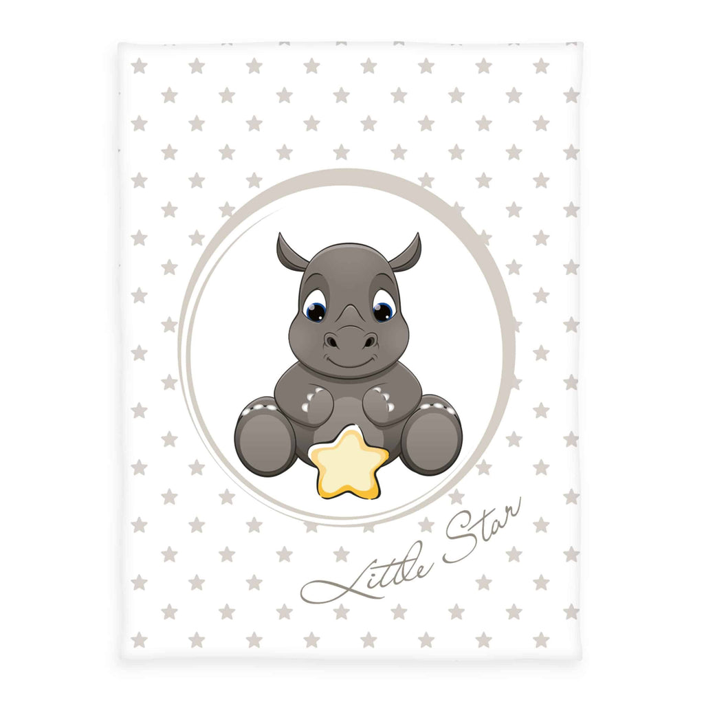 babybest Kuscheldecke ‘Süßes Nashorn’: Nashorn mit gelbem Stern im Kreis, Schriftzug Little Star, Sterne in Taupe auf Weiß