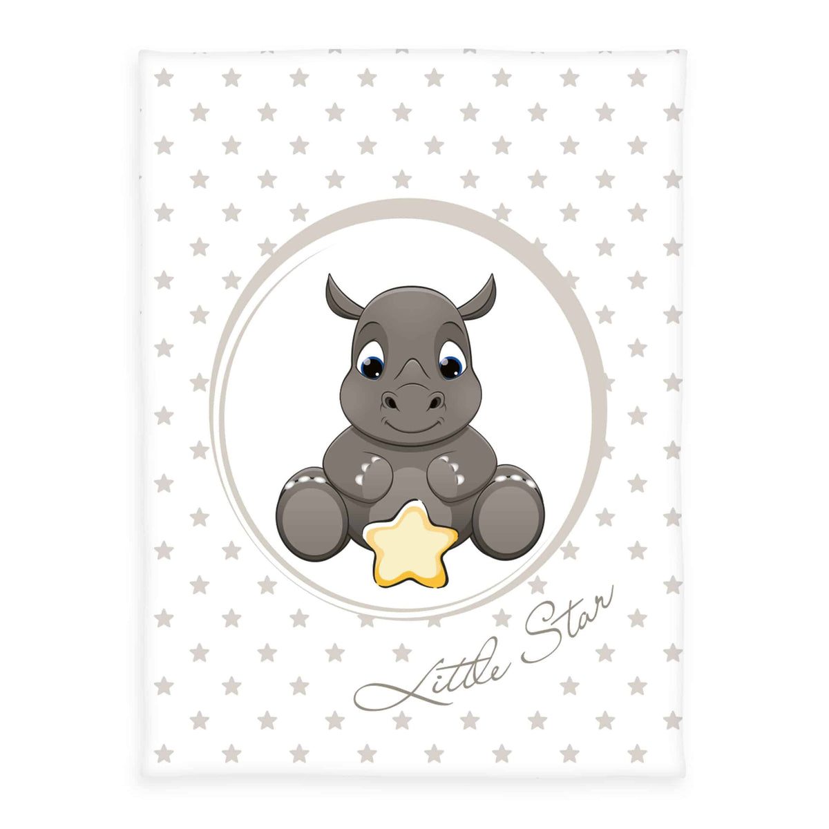 babybest Kuscheldecke ‘Süßes Nashorn’: Nashorn mit gelbem Stern im Kreis, Schriftzug Little Star, Sterne in Taupe auf Weiß