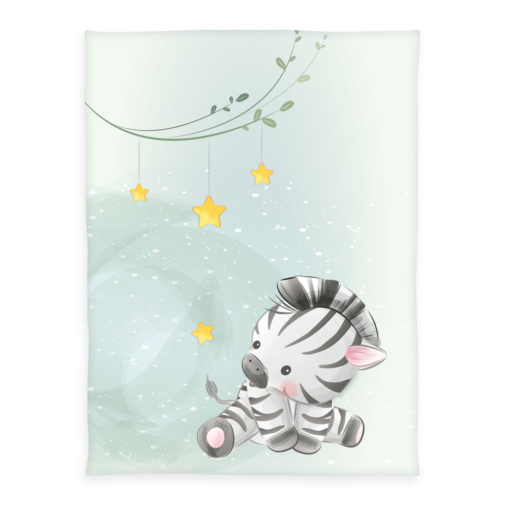 babybest Kuscheldecke ‘Zebra’ 75 x 100 cm: kleines Zebra unter gelben Sternen an einer grünen Ranke auf Mint