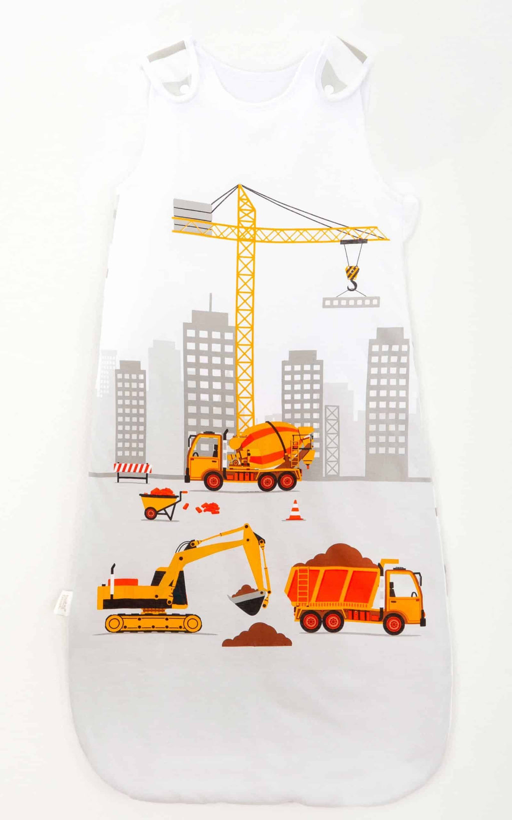 Vorderseite des Schlafsacks ‘Baustelle’ mit Kran, Bagger und Kipplaster