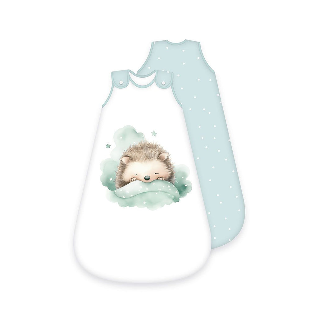 babybest Schlafsack ‘Kleiner Igel’ von vorn und hinten: schlafender Igel auf einer mintgrünen Wolke, Rückseite mint mit Punkten