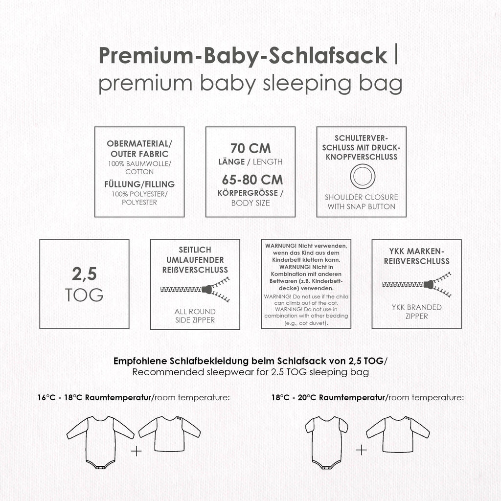 Infokarte zum Schlafsack: 70 cm Länge, 65 bis 80 cm Körpergröße, TOG 2,5, Druckknöpfe an der Schulter, seitlicher YKK-Reißverschluss und Warnhinweise