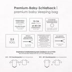 Infokarte zum Schlafsack: 70 cm Länge, 65 bis 80 cm Körpergröße, TOG 2,5, Druckknöpfe an der Schulter, seitlicher YKK-Reißverschluss und Warnhinweise