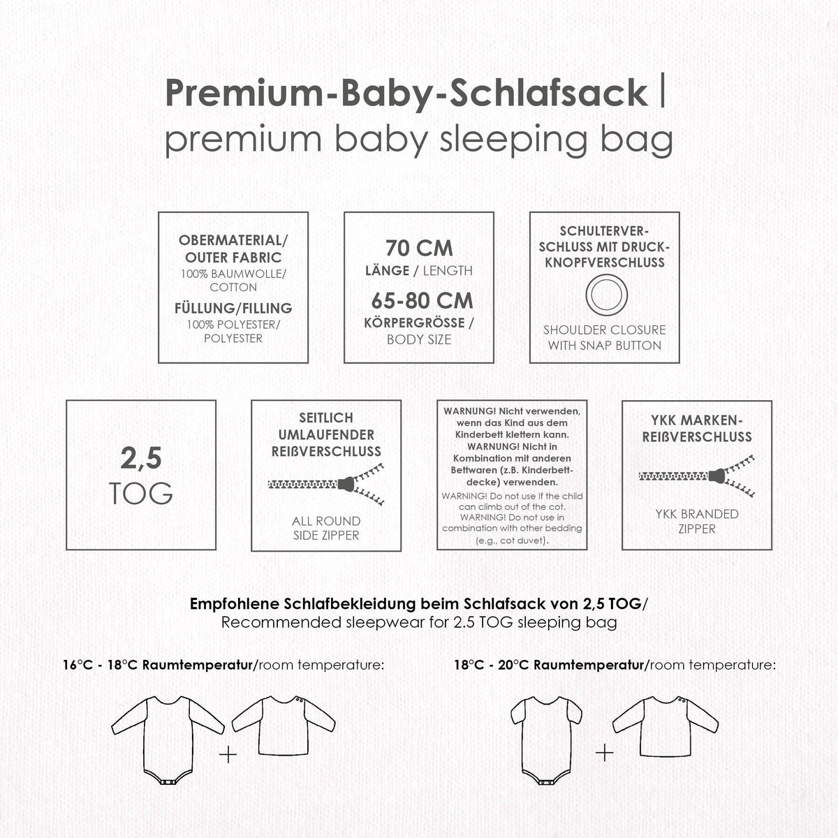 Infokarte zum Schlafsack: 70 cm Länge, 65 bis 80 cm Körpergröße, TOG 2,5, Druckknöpfe an der Schulter, seitlicher YKK-Reißverschluss und Warnhinweise