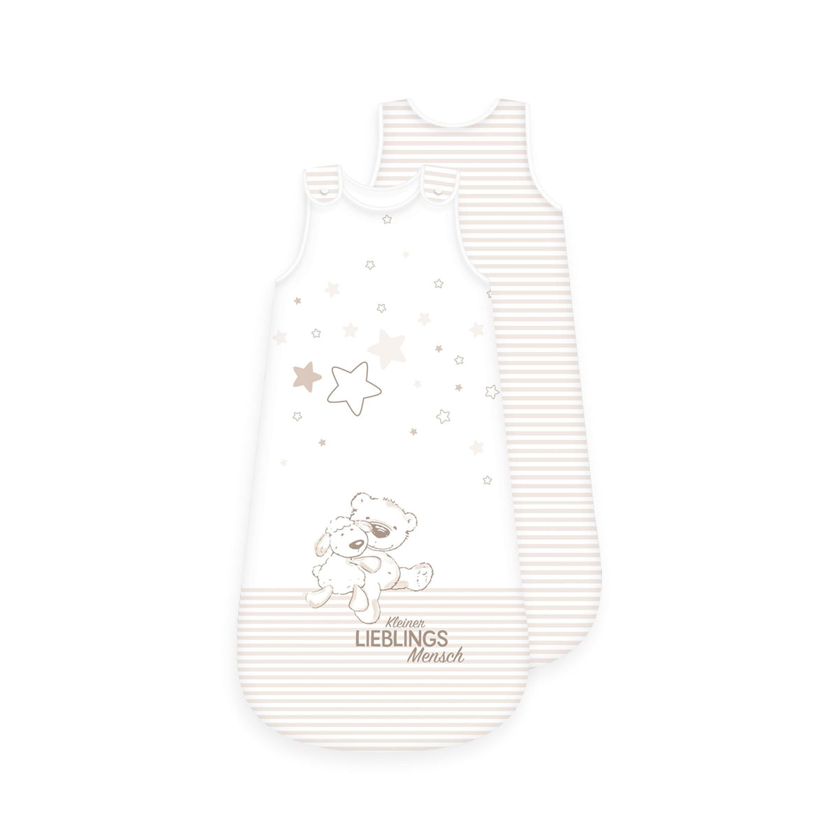 babybest Schlafsack ‘Kleiner Lieblingsmensch Beige’ von vorn und hinten: Teddy mit Schäfchen und Sternen auf Weiß, unten und hinten beige-weiß gestreift