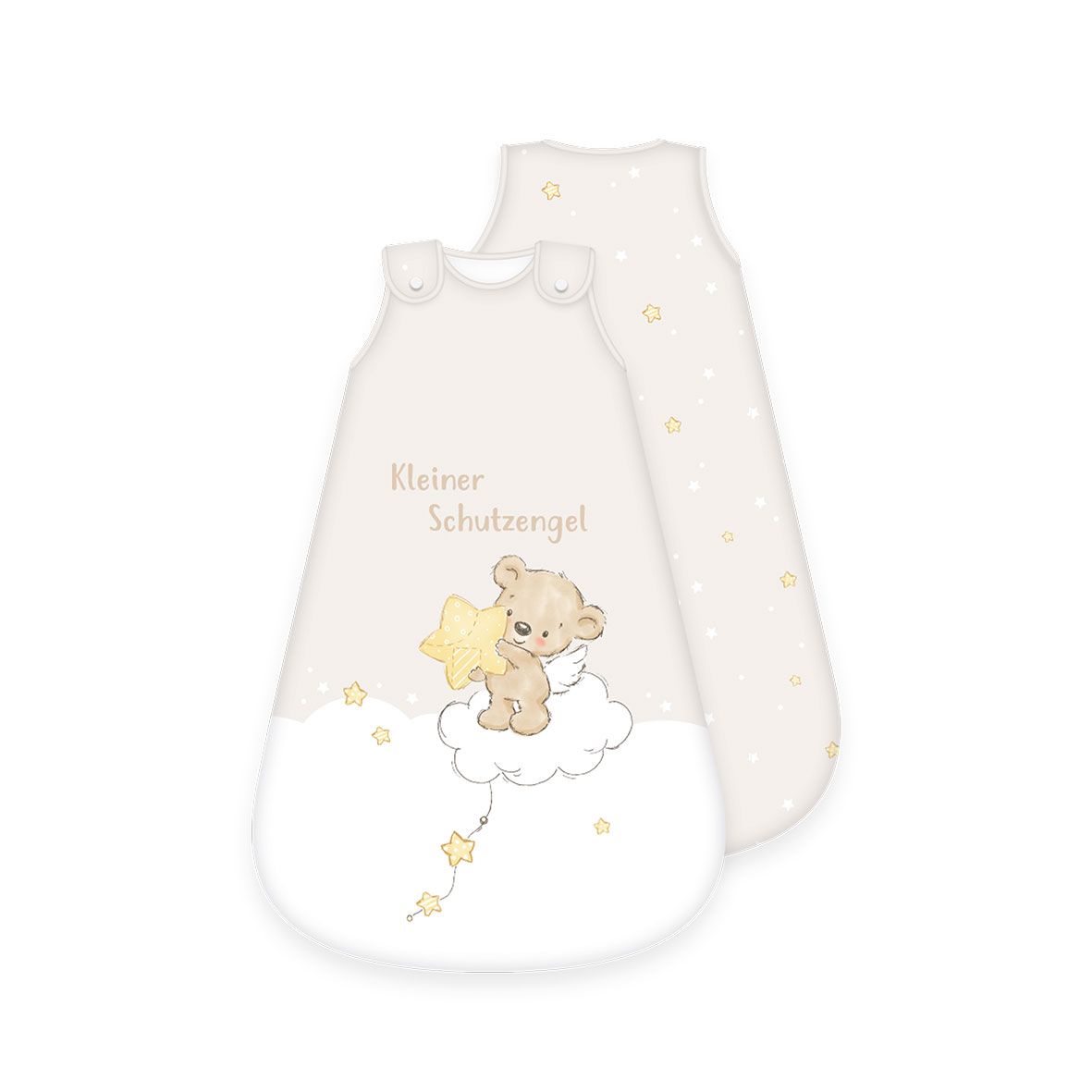 babybest Schlafsack ‘Kleiner Schutzengel’ von vorn und hinten: Teddy mit Flügeln und Stern auf der Wolke, Rückseite beige mit Sternchen
