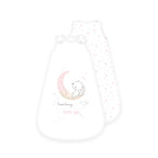 babybest Schlafsack ‘Little Bunny’ von vorn und hinten: Hase auf dem Mond mit „Some bunny loves you“, Rückseite mit rosa Sternen