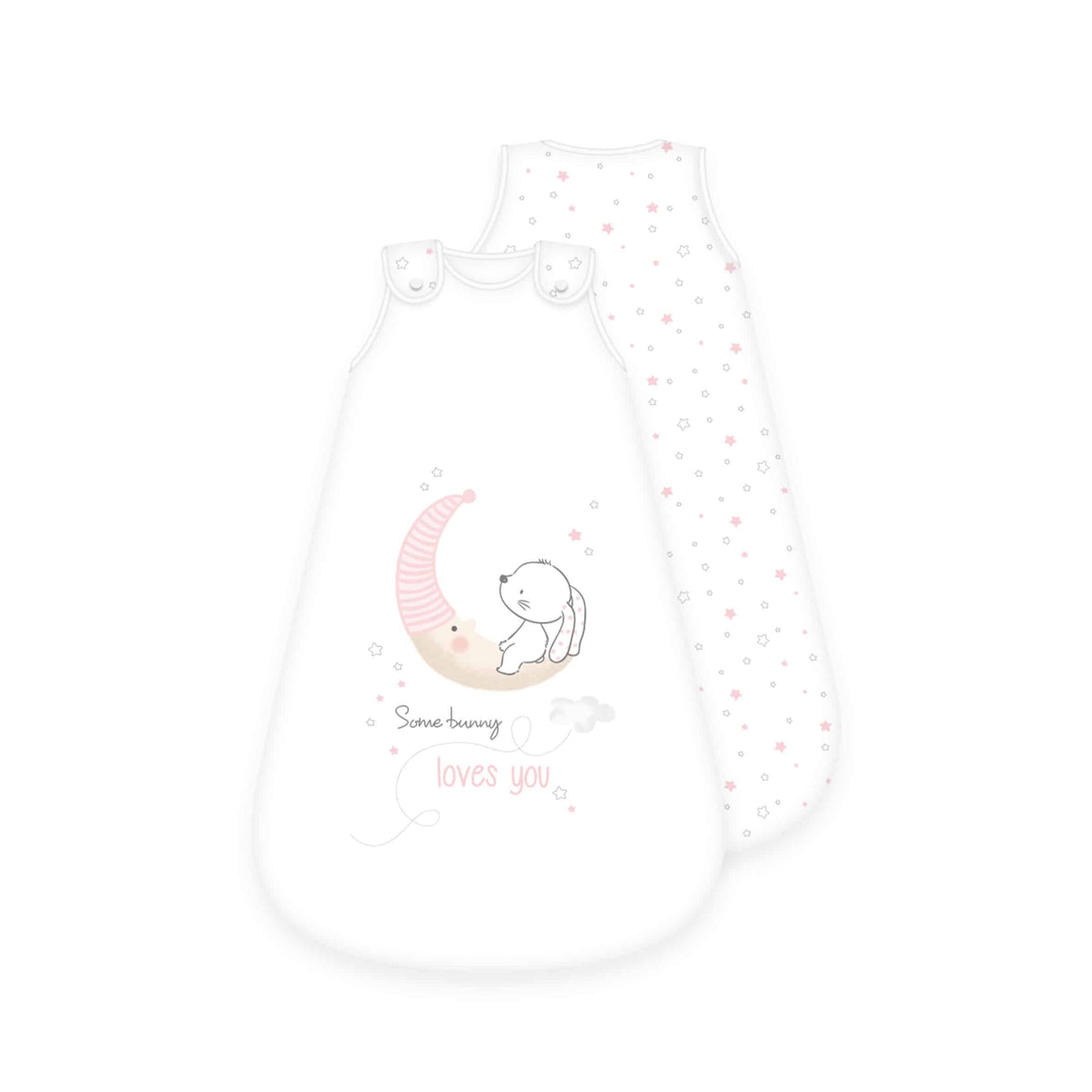 babybest Schlafsack ‘Little Bunny’ von vorn und hinten: Hase auf dem Mond mit „Some bunny loves you“, Rückseite mit rosa Sternen