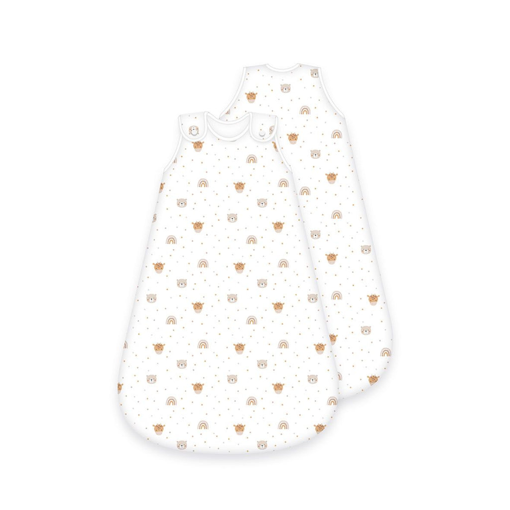 babybest Schlafsack ‘Little Friends’ von vorn und hinten: Bären, Giraffen und Regenbögen auf Weiß
