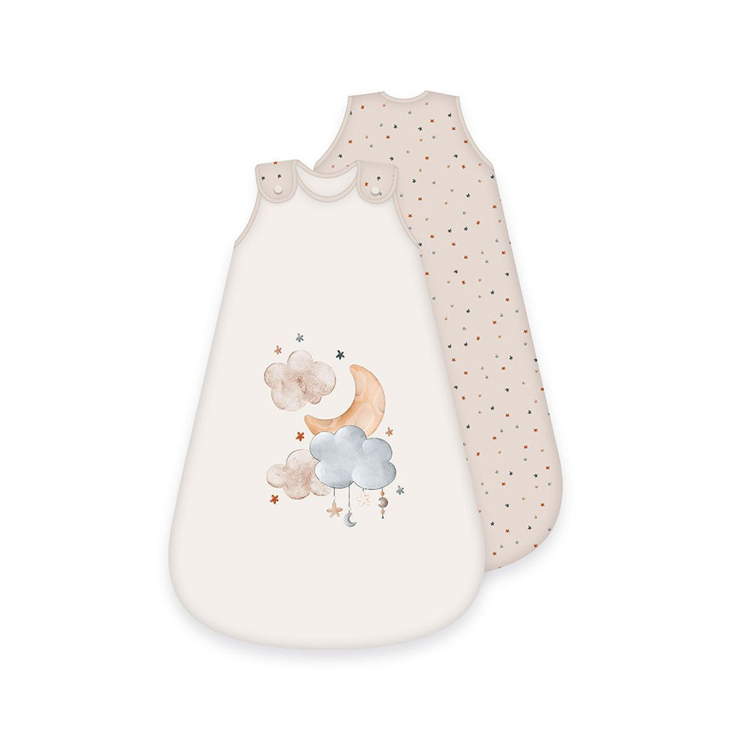 babybest Schlafsack ‘Moon and Stars’ von vorn und hinten: Mond und Wolken auf Creme, Rückseite sand mit bunten Sternchen