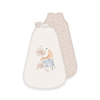 babybest Schlafsack ‘Moon and Stars’ von vorn und hinten: Mond und Wolken auf Creme, Rückseite sand mit bunten Sternchen
