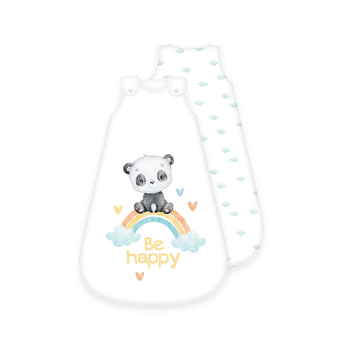 babybest Schlafsack ‘Regenbogen Panda’ von vorn und hinten: Panda auf dem Regenbogen mit „Be happy“, Rückseite mit hellblauen Wolken