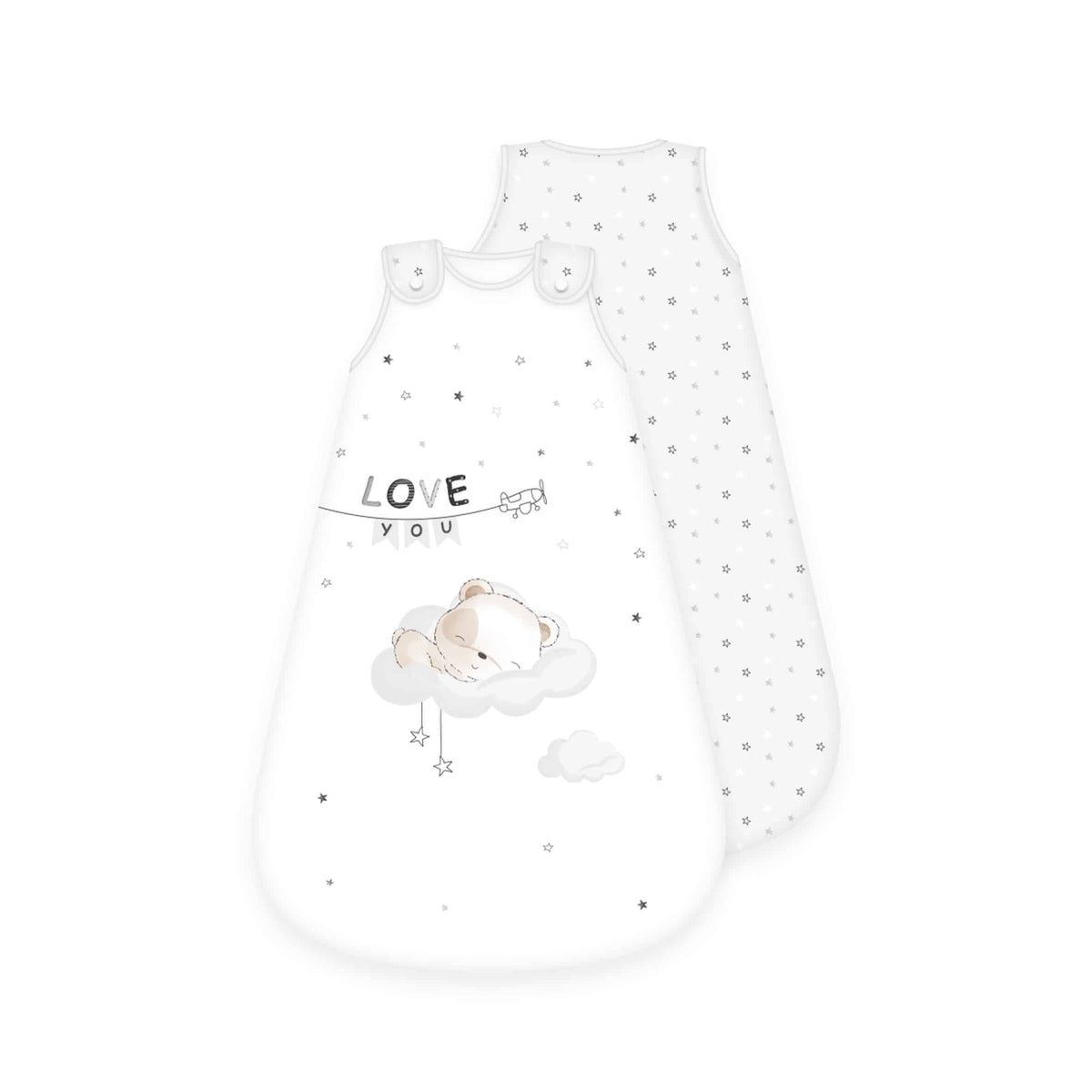 babybest Schlafsack ‘Sleeping little Bear’ von vorn und hinten: schlafender Bär auf der Wolke und „LOVE YOU“, Rückseite mit grauen Sternen