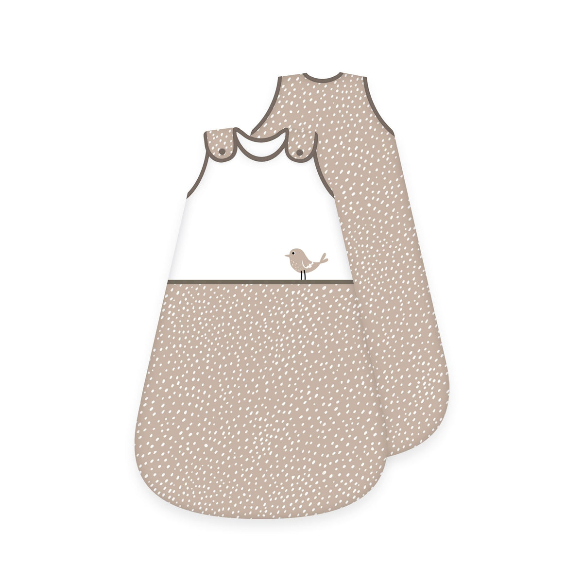 babybest Schlafsack ‘Woodland Crew’ von vorn und hinten: kleiner Vogel auf Weiß, darunter taupe mit weißen Tupfen