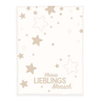babybest Strickdecke ‘Kleiner Lieblingsmensch’ 75 x 100 cm: Sterne und Schriftzug in Taupe auf Creme