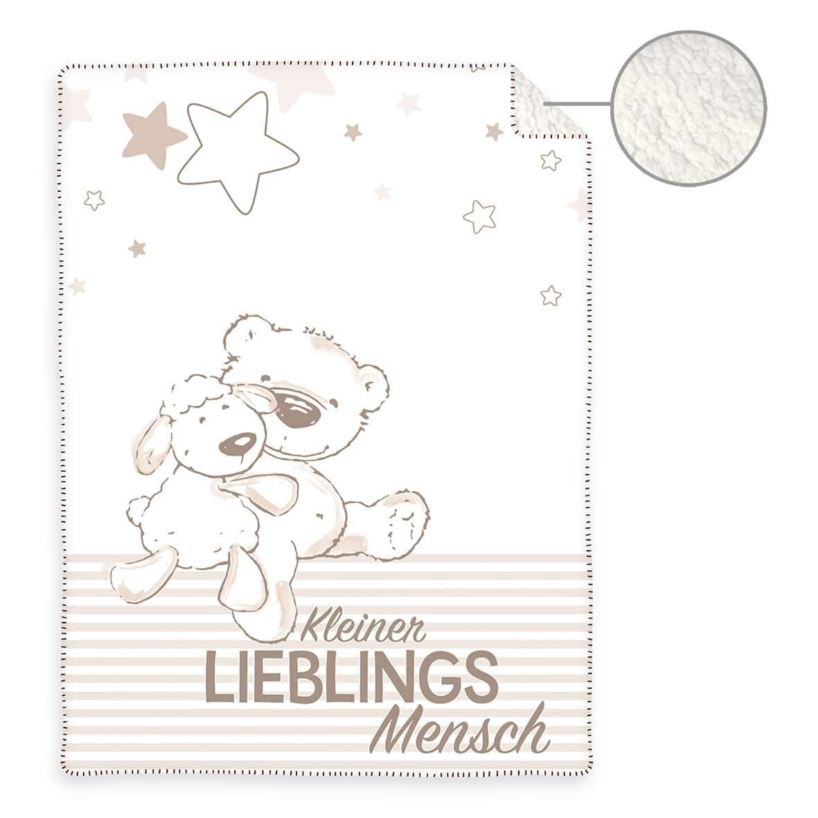 Wendedecke ‘Kleiner Lieblingsmensch’ aus Plüsch in Beige 75 x 100 cm: Teddy mit Schäfchen unter Sternen, Rückseite aus lockigem Plüsch