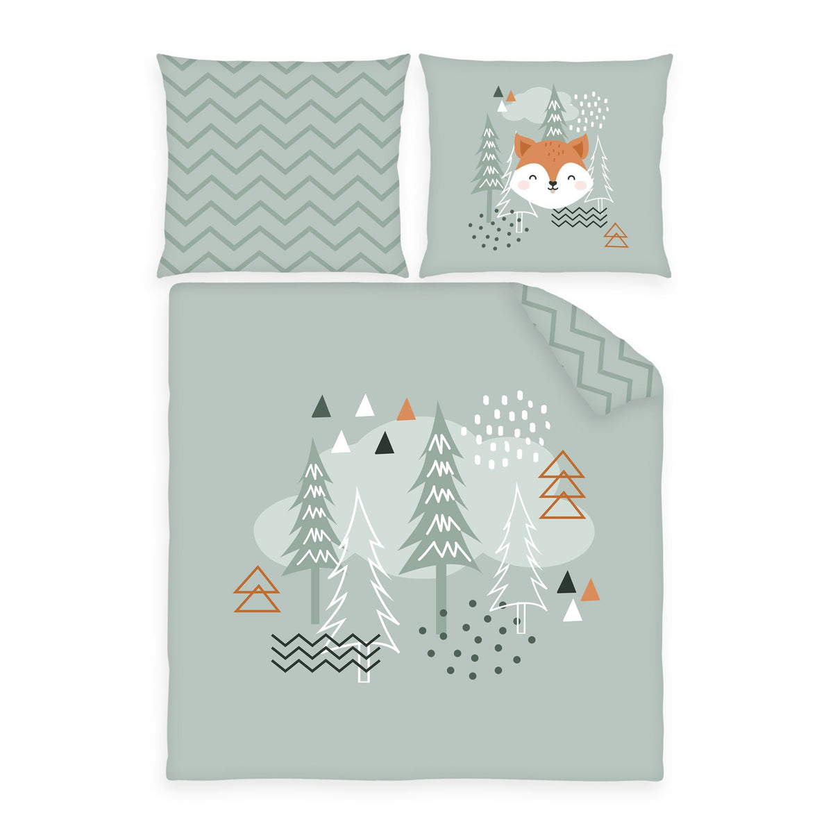 babybest Wiegenbettwäsche-Set ‘Nordic Forest’: Bettbezug 80 x 80 cm mit Tannen auf Salbeigrün, Kissen 35 x 40 cm mit Fuchs, Rückseiten mit Zickzackmuster