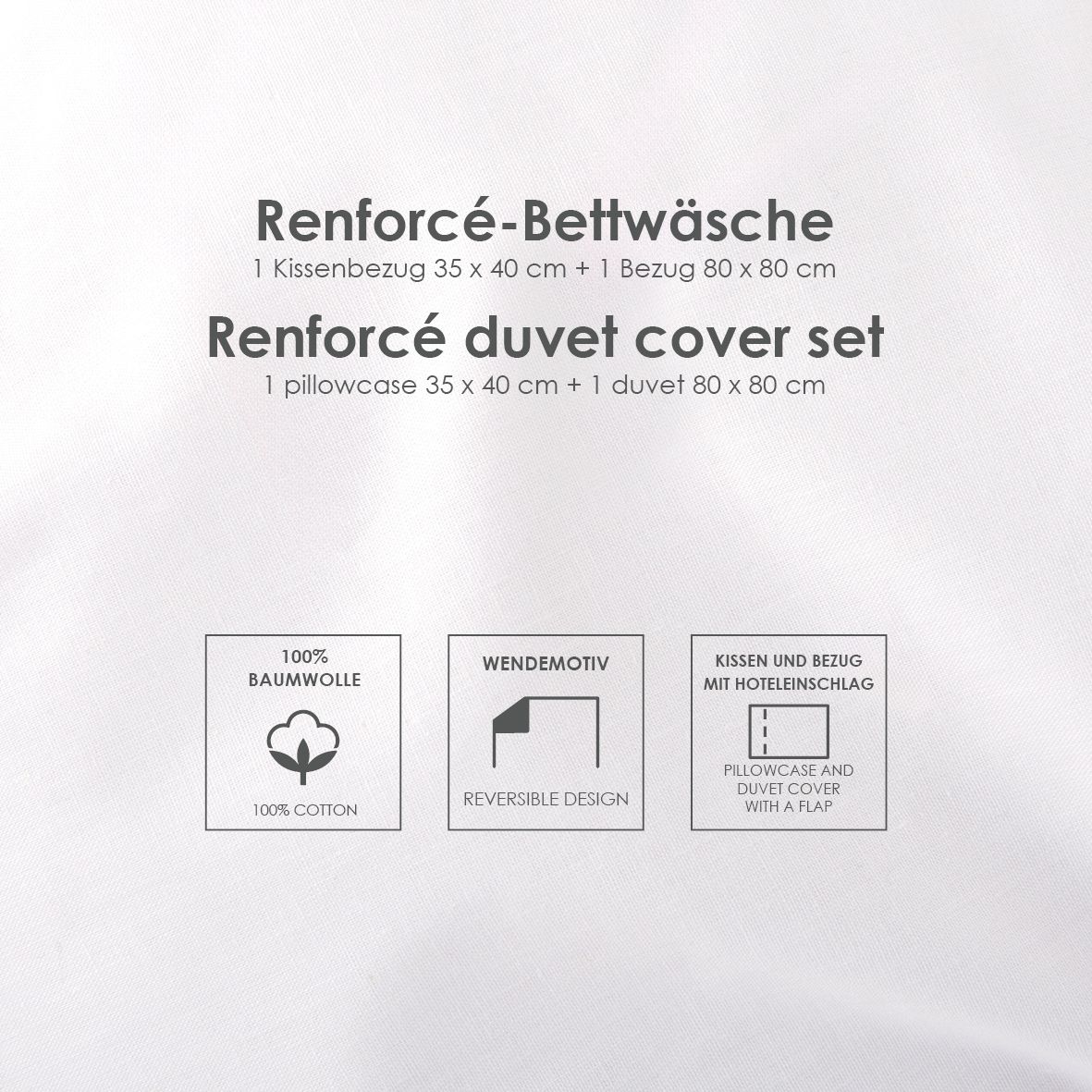 Infokarte: Renforcé-Bettwäsche mit Kissenbezug 35 x 40 cm und Bezug 80 x 80 cm, 100 % Baumwolle, Wendemotiv, Kissen und Bezug mit Hoteleinschlag