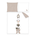 babybest Wiegenbettwäsche-Set ‘Woodland Crew’: Bettbezug 80 x 80 cm mit übereinander stehenden Waldtieren, Rückseite taupe getupft, Kissen 35 x 40 cm getupft und mit Vogel