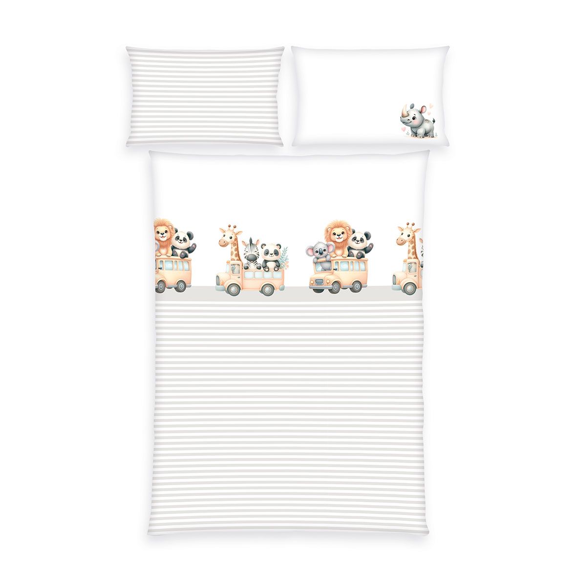 babybest Winterbettwäsche-Set ‘Abenteuer-Bus’ 100 x 135 cm: Bettbezug mit Tieren in Bussen über hellgrauen Streifen, Kissen 40 x 60 cm mit Nashorn und mit Streifen