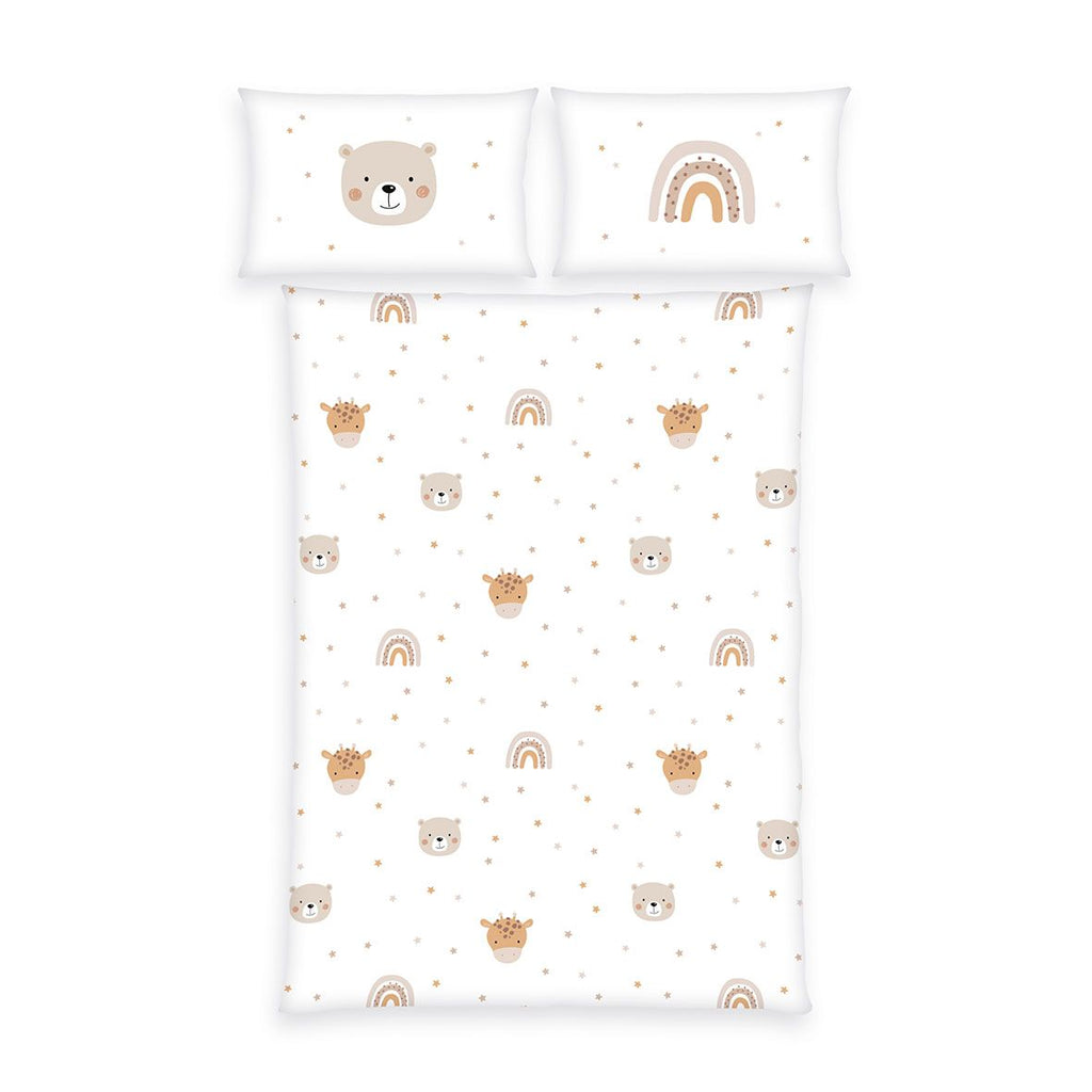 babybest Winterbettwäsche-Set ‘Bärchen & Giraffe’ 100 x 135 cm: Bettbezug weiß mit Bären, Giraffen und Regenbögen, Kissen 40 x 60 cm mit Bär und mit Regenbogen
