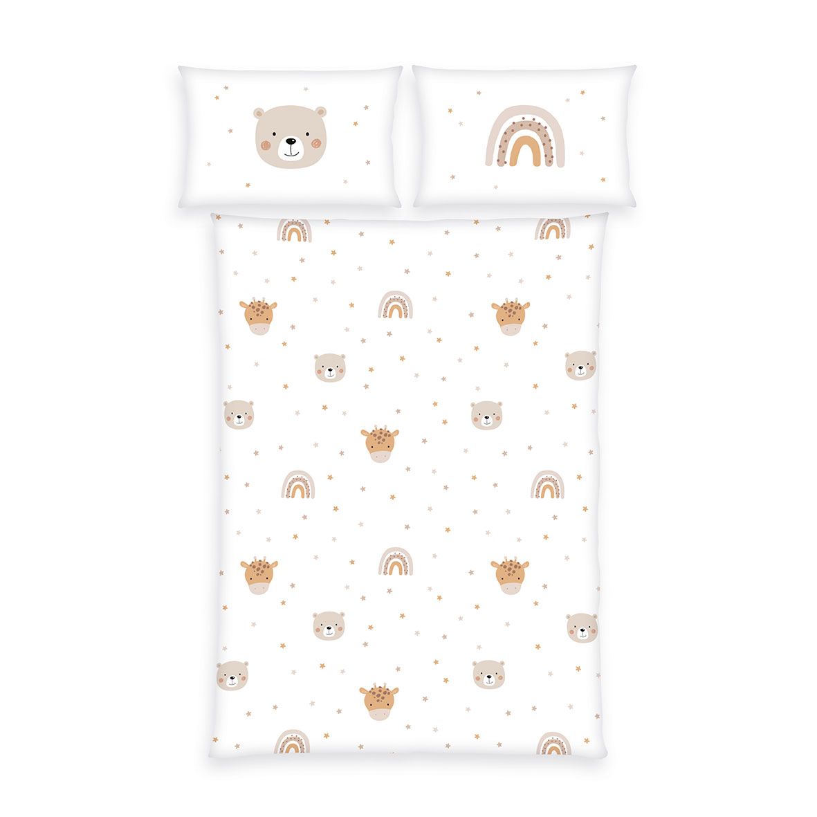 babybest Winterbettwäsche-Set ‘Bärchen & Giraffe’ 100 x 135 cm: Bettbezug weiß mit Bären, Giraffen und Regenbögen, Kissen 40 x 60 cm mit Bär und mit Regenbogen