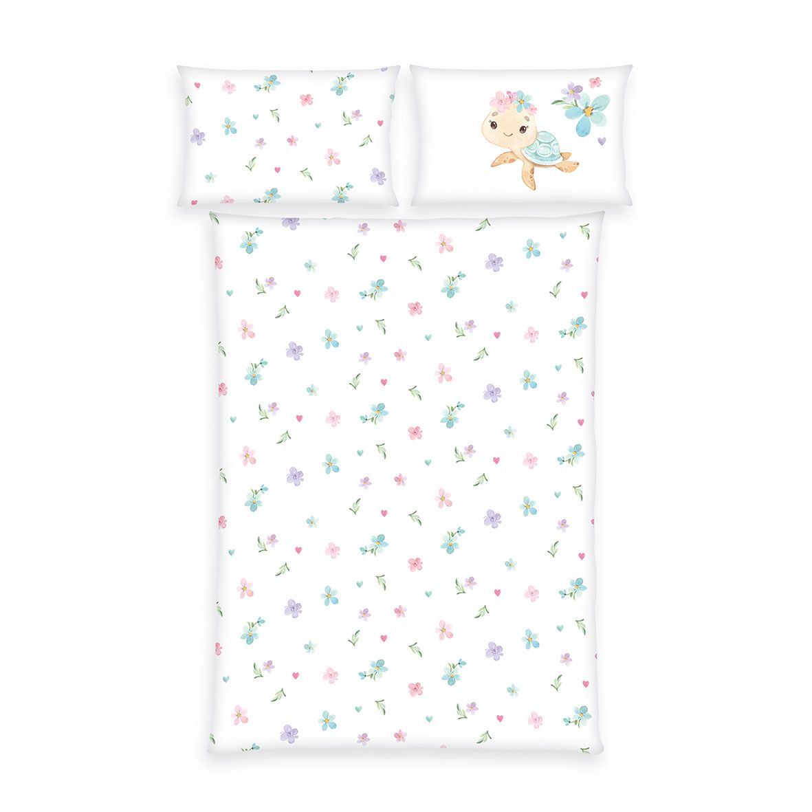 babybest Winterbettwäsche-Set ‘Blütenschildkröte’ 100 x 135 cm: Bettbezug weiß mit Streublüten in Rosa, Hellblau und Flieder, Kissen 40 x 60 cm mit Schildkröte und mit Blüten