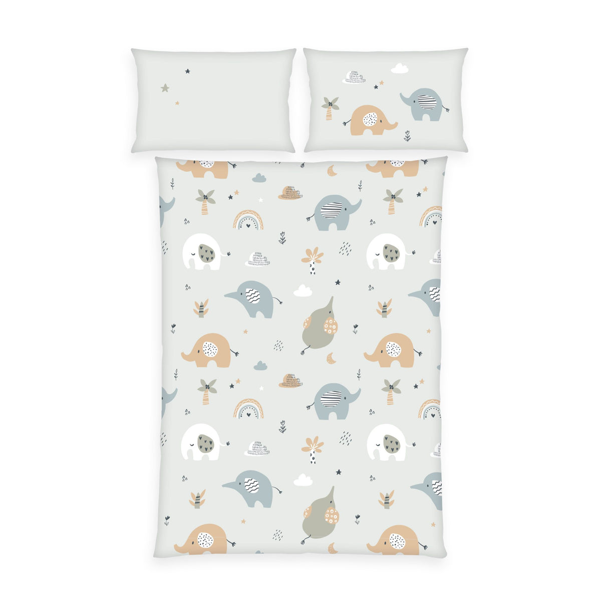 babybest Winterbettwäsche-Set ‘Elefantenland’ 100 x 135 cm: Bettbezug hellgrau mit Elefanten, Palmen und Regenbögen, Kissen 40 x 60 cm mit zwei Elefanten und mit Sternen